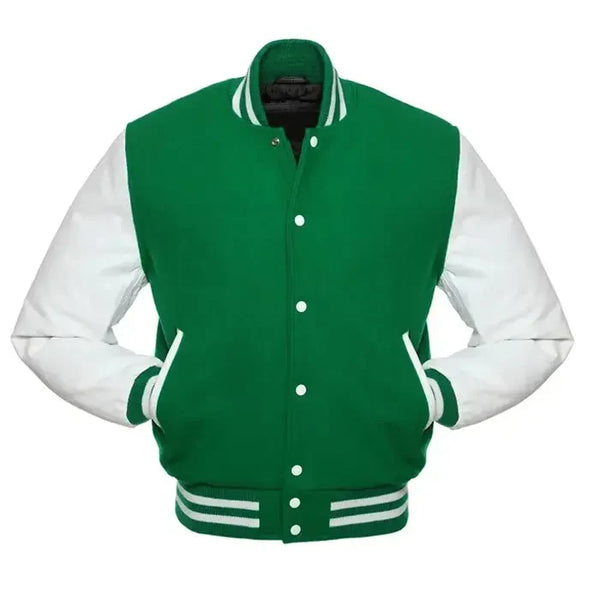 Green letterman jacket front view styled as a baseball jacket with white sleeves and ribbed collar and cuffs.