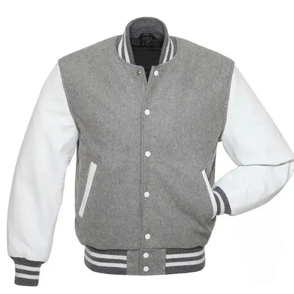 Grey and white varsity jacket front view with wool body, leather sleeves, and classic striped ribbed trims.