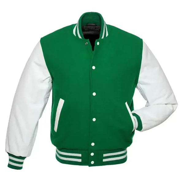 Green and white varsity jacket front view with classic letterman style, snap button closure, and striped ribbed trims.