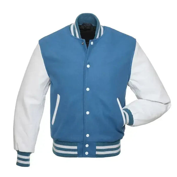 Blue and white varsity jacket front view with classic letterman style, snap button closure, and striped ribbed trims.