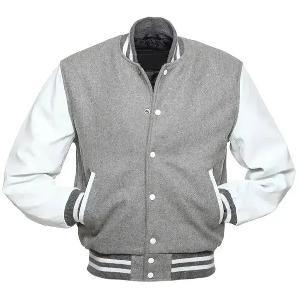 Grey letterman jacket front view styled as a baseball jacket with contrast white sleeves and snap button closure.