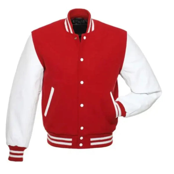 Red and white varsity jacket front view with classic letterman style, snap buttons, and striped ribbed trims.