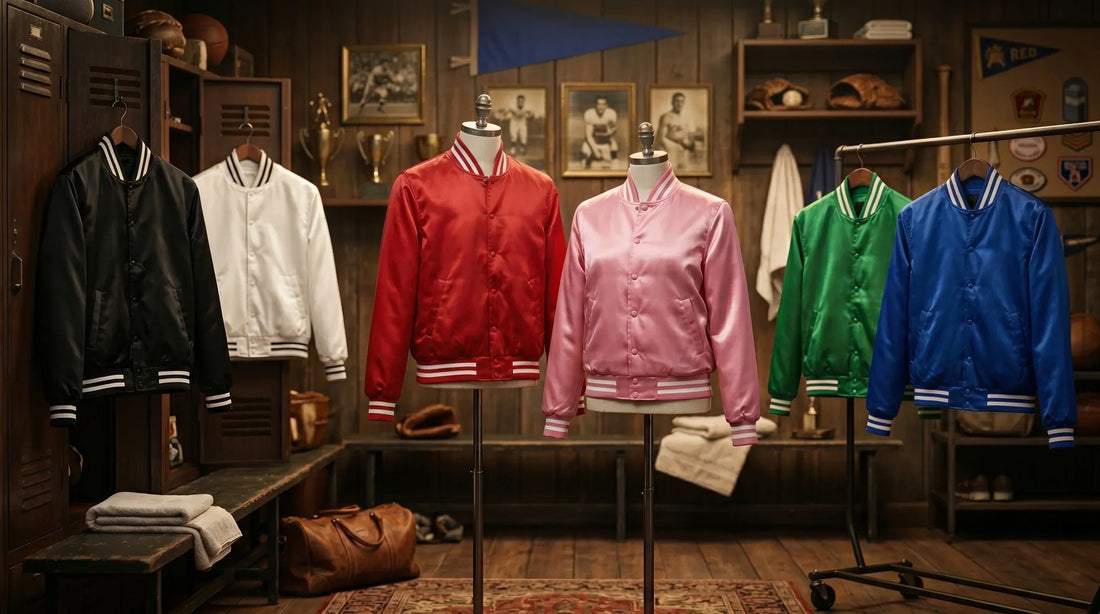 Six True Varsity satin bomber jackets displayed in a vintage locker room setting in black, white, red, pink, green, and blue with ribbed stripe trims and snap button fronts.