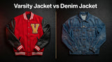 Varsity jacket vs denim jacket side by side comparison on black surface showing red wool varsity jacket with gold chenille patch and black leather sleeves against a blue denim jacket