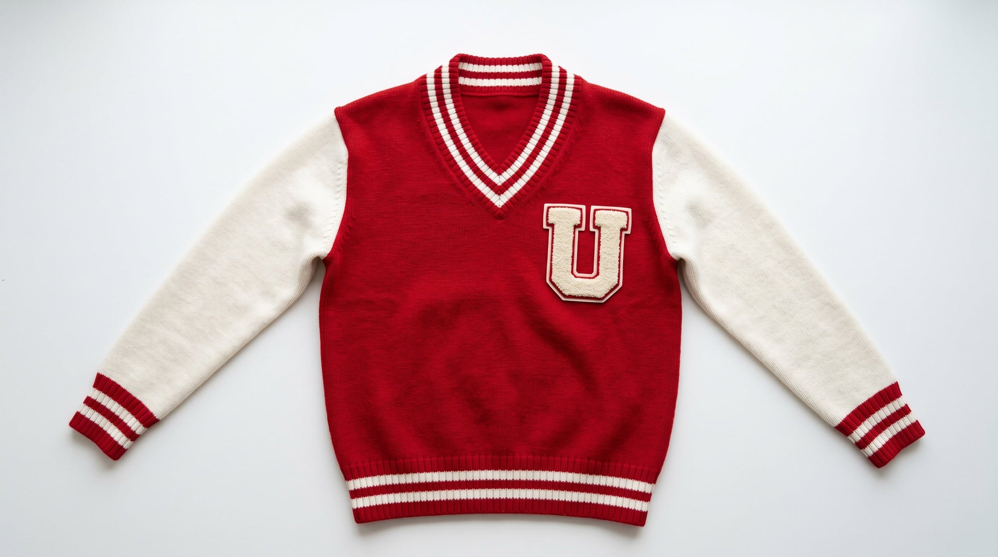 red and white varsity sweater with chenille letter patch