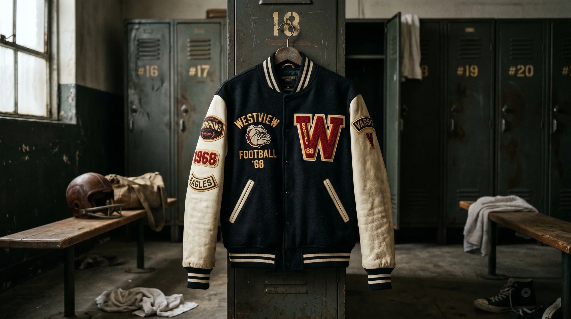 A high-end fashion editorial photo of a vintage varsity bomber jacket with custom football chenille patches and a large letter W, displayed inside an old school locker room setting.