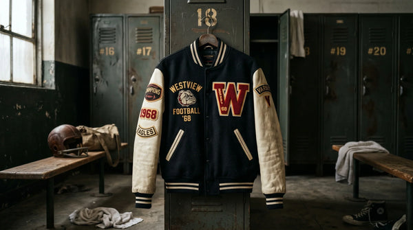 A high-end fashion editorial photo of a vintage varsity bomber jacket with custom football chenille patches and a large letter W, displayed inside an old school locker room setting.