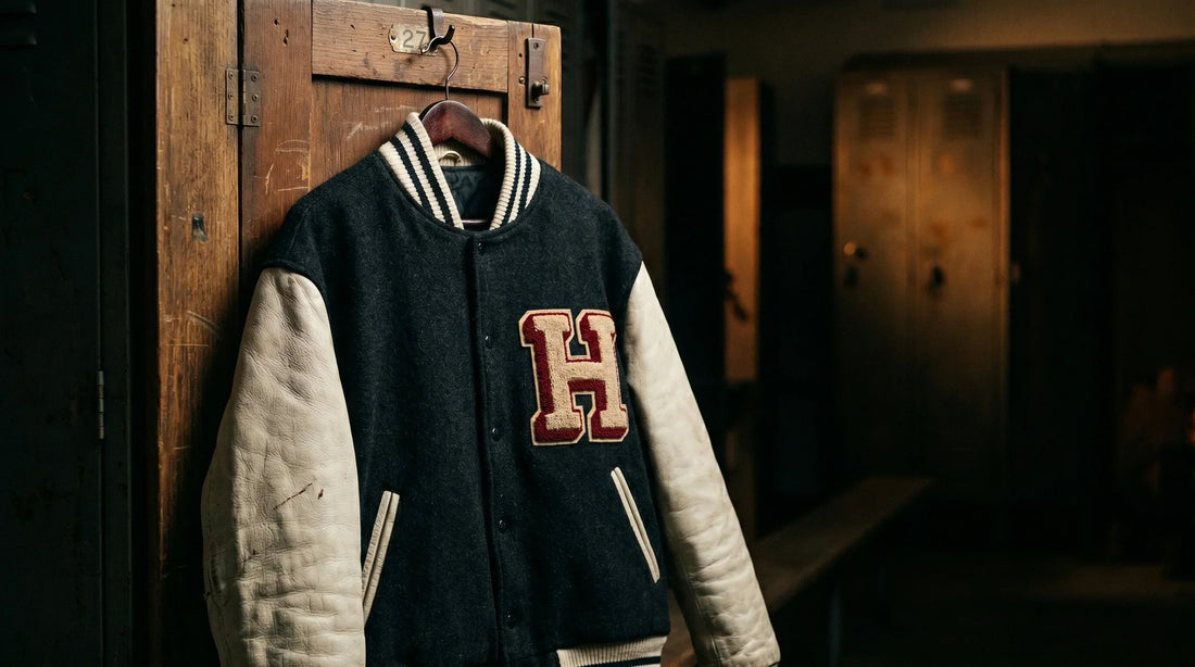 Premium black and white clothing varsity jacket with chenille patch hanging on a locker at True Varsity