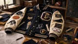 Custom letterman jacket with chenille letters, sports patches, achievement patches, numbers, and embroidery arranged in a design studio.