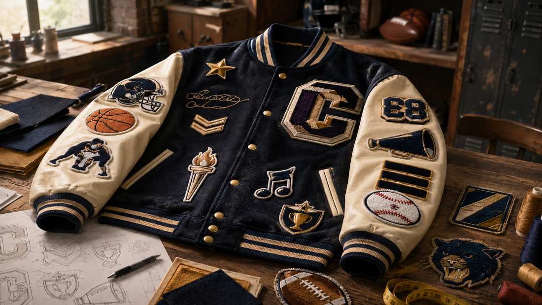 Custom letterman jacket with chenille letters, sports patches, achievement patches, numbers, and embroidery arranged in a design studio.
