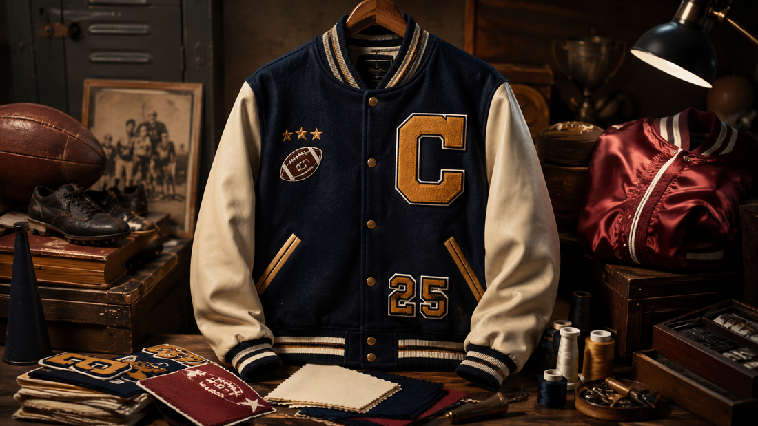 Custom varsity jackets guide featuring letterman patches, wool body, leather sleeves, and school pride details.