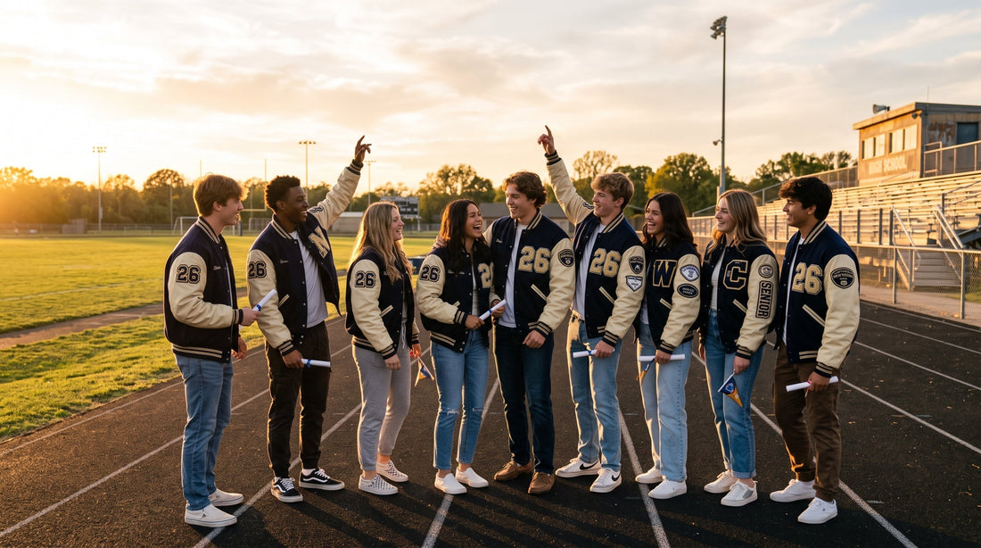 Group of high school seniors wearing navy varsity letterman jackets with leather sleeves and graduation year patches