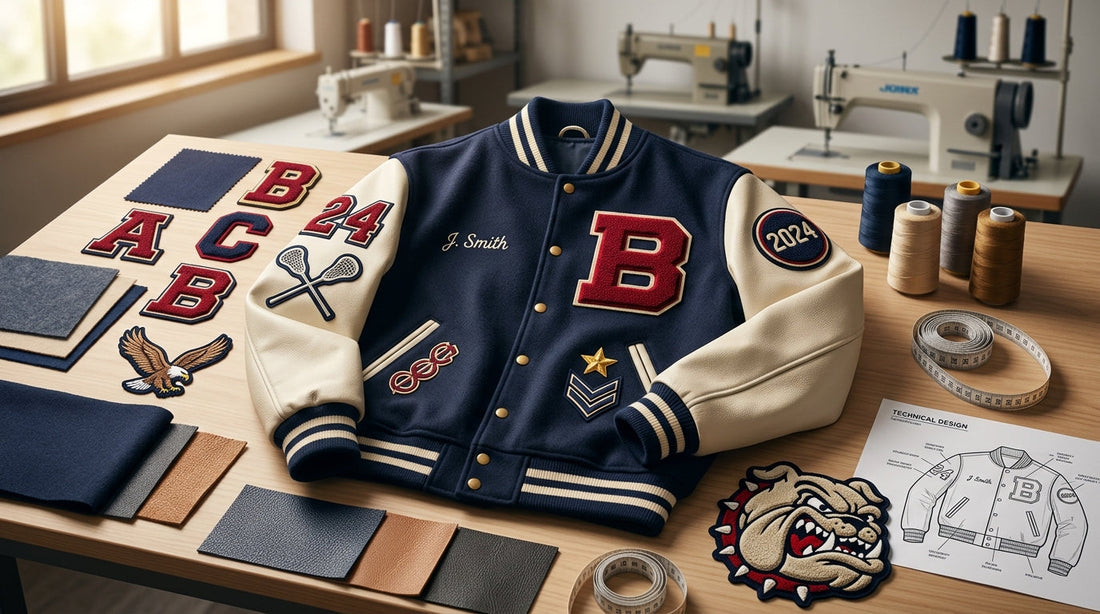 Custom letterman jacket with chenille varsity letters, sports patches, name embroidery and leather sleeves displayed in a premium jacket workshop.