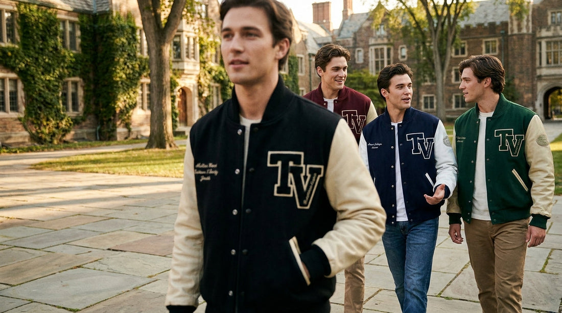 Men wearing custom letterman jackets with wool bodies, leather sleeves and chenille team patches on a school campus