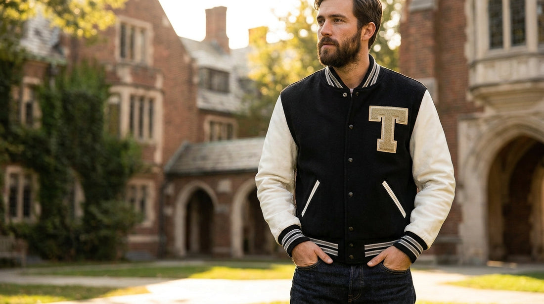 Man wearing a black and white letterman jacket with wool body, leather sleeves and chenille varsity patches