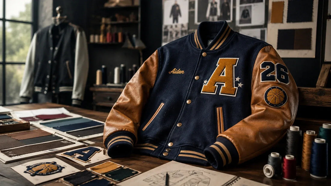 Custom varsity jacket with wool body, leather sleeves, chenille patches, and personalized embroidery in a design studio