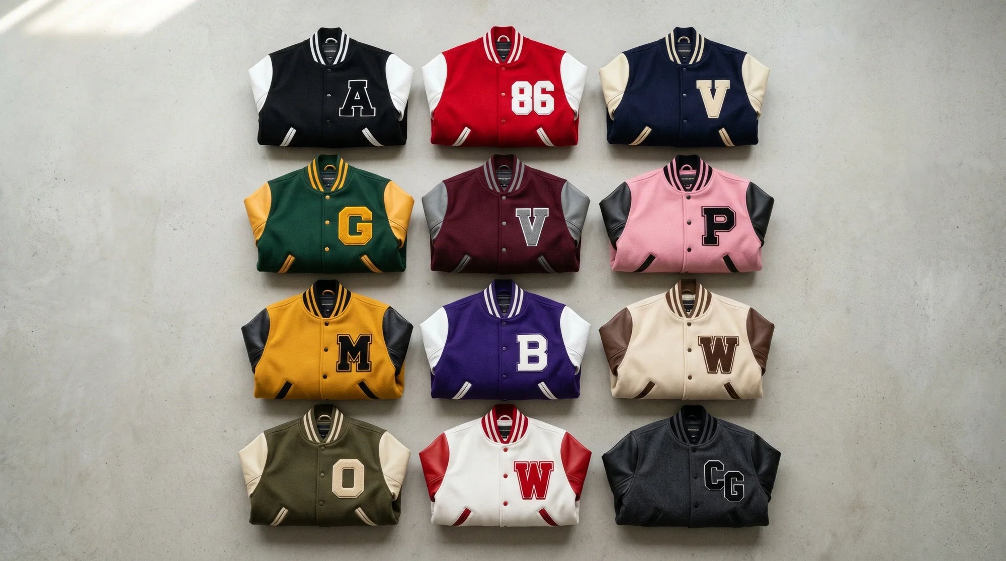 Flat lay of twelve premium two-tone varsity jackets in black, red, navy, green, burgundy, pink, yellow, purple, cream, olive, white, and grey.