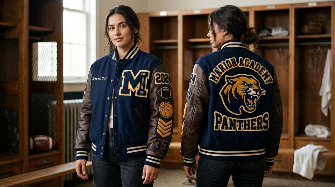 Front and back view of a varsity jacket showing chenille letter, sleeve patches, chevrons, year patch, and mascot design