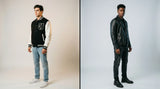 Two male models standing back to back, one wearing a black and white wool varsity jacket and the other wearing a black leather biker jacket