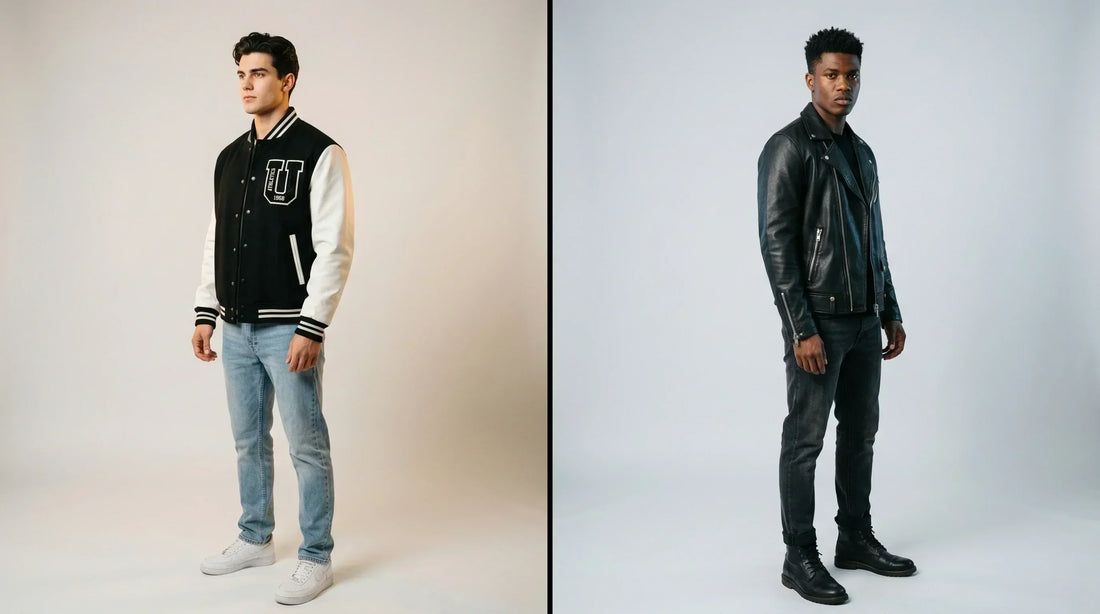 Two male models standing back to back, one wearing a black and white wool varsity jacket and the other wearing a black leather biker jacket