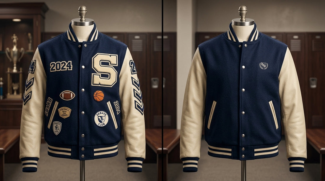 Side-by-side comparison of a traditional letterman jacket and a modern varsity jacket with chenille letter, patches, wool body, and leather sleeves
