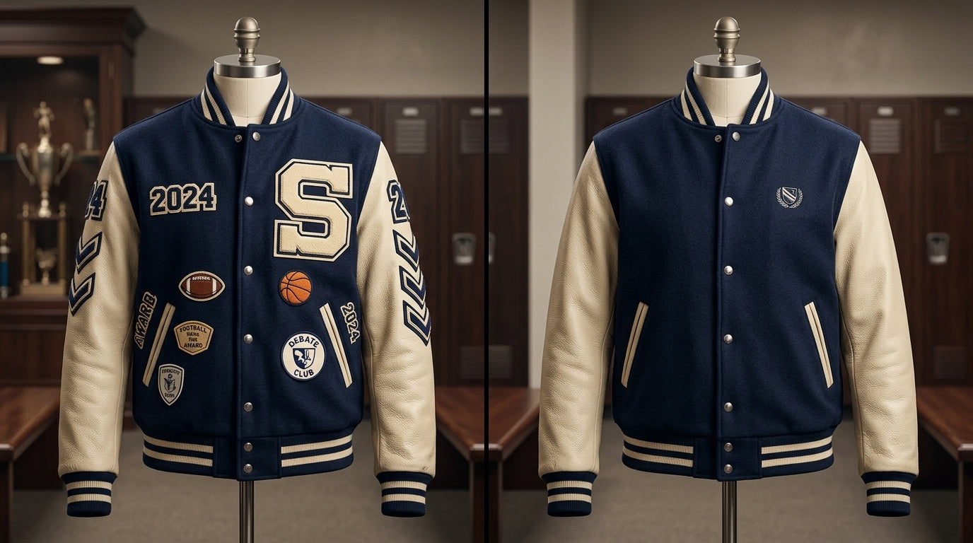 Side-by-side comparison of a traditional letterman jacket and a modern varsity jacket with chenille letter, patches, wool body, and leather sleeves