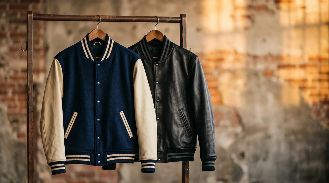 Wool varsity jacket and leather varsity jacket side by side with ribbed collar and cuff detail