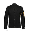 Black cardigan style jacket front view with button closure, ribbed cuffs, and yellow striped sleeve detail in a varsity-inspired design.