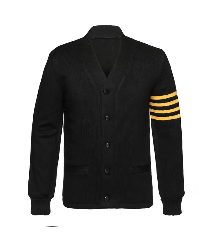 Black cardigan style jacket front view with button closure, ribbed cuffs, and yellow striped sleeve detail in a varsity-inspired design.