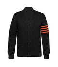 Black cardigan style jacket front view with button closure, ribbed cuffs, and orange striped sleeve detail in a varsity-inspired design.