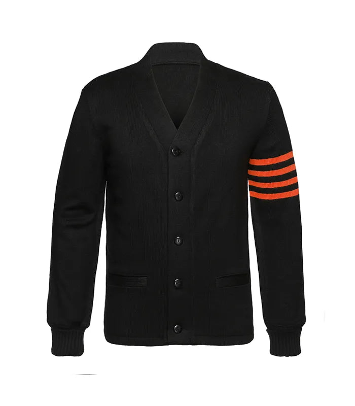 Black cardigan style jacket front view with button closure, ribbed cuffs, and orange striped sleeve detail in a varsity-inspired design.