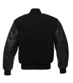 Black varsity jacket with leather sleeves, back view, customizable team apparel