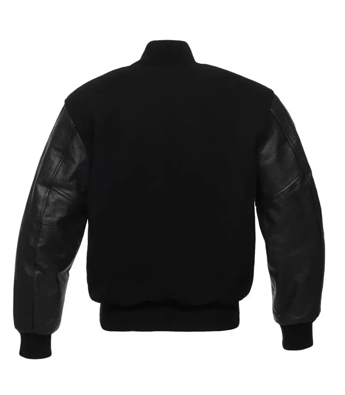 Black varsity jacket with leather sleeves, back view, customizable team apparel