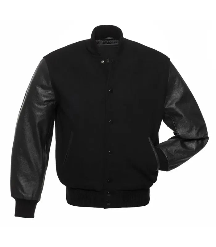 Black varsity jacket with leather sleeves, button front, and ribbed cuffs for custom team wear