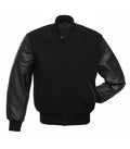 Black varsity jacket with leather sleeves, button front, and ribbed cuffs for custom team wear