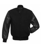 Black varsity jacket with leather sleeves, button front, and ribbed cuffs for custom team wear