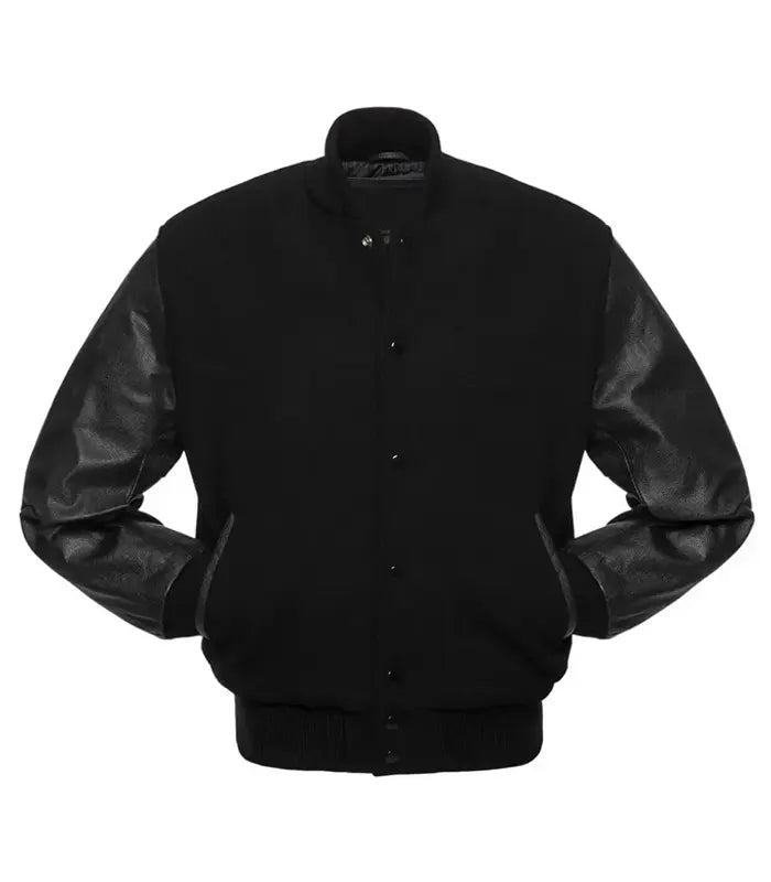 Black varsity jacket with leather sleeves, front button closure, and ribbed cuffs for team or custom wear