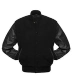 Black varsity jacket with leather sleeves, front button closure, and ribbed cuffs for team or custom wear