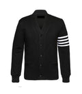 Black cardigan style jacket front view with button closure, ribbed cuffs, and white striped sleeve detail for a modern varsity-inspired look.