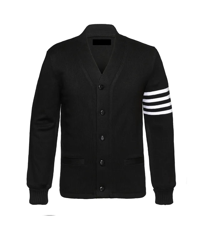 Black cardigan style jacket front view with button closure, ribbed cuffs, and white striped sleeve detail for a modern varsity-inspired look.
