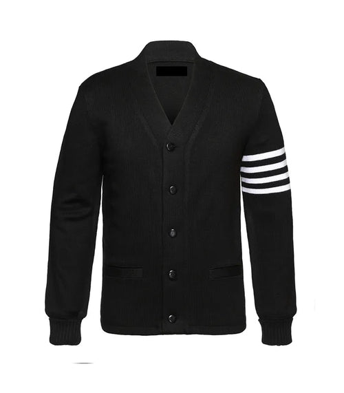 Black cardigan style jacket front view with button closure, ribbed cuffs, and white striped sleeve detail for a modern varsity-inspired look.
