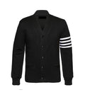 Black cardigan style jacket front view with button closure, ribbed cuffs, and white striped sleeve detail in a varsity-inspired design.