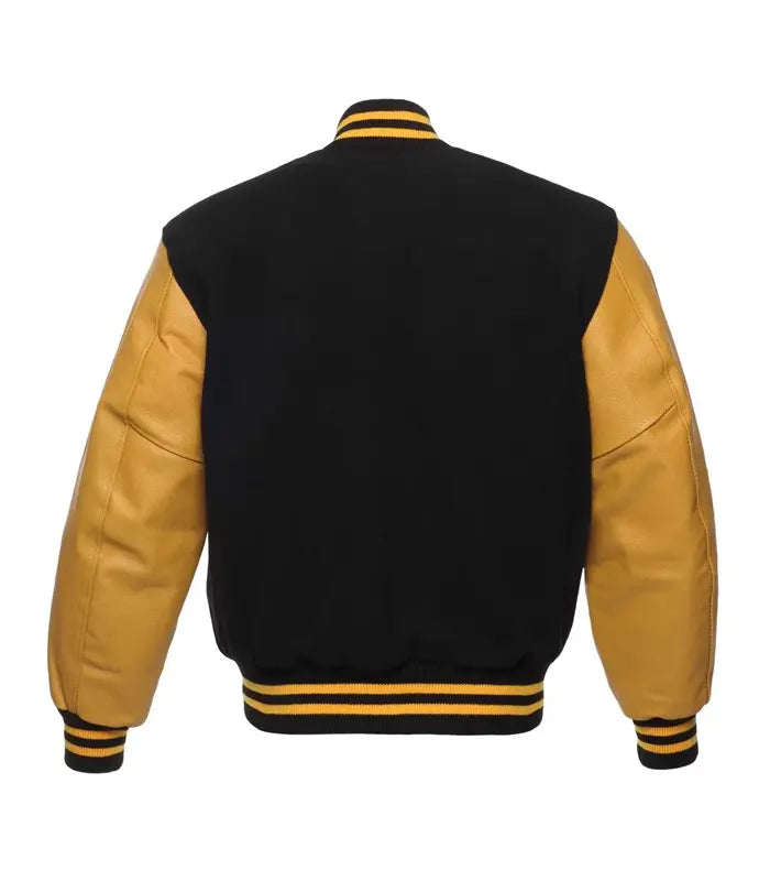 Black and gold varsity jacket with leather sleeves and striped trim, back view