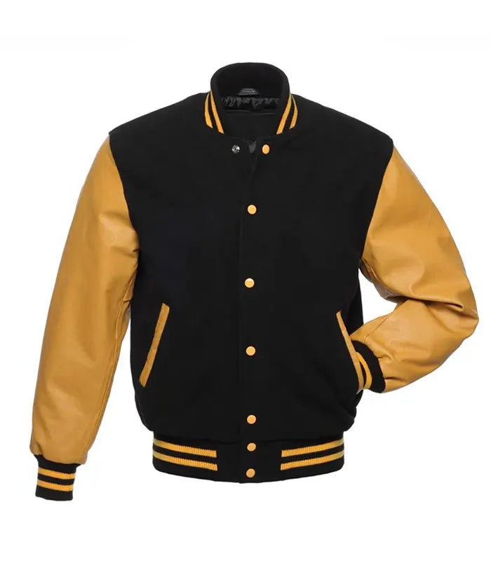 Black and gold varsity jacket with leather sleeves, button front, and striped cuffs for custom team wear