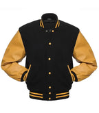 Black and gold varsity jacket with leather sleeves, button front, and striped trim