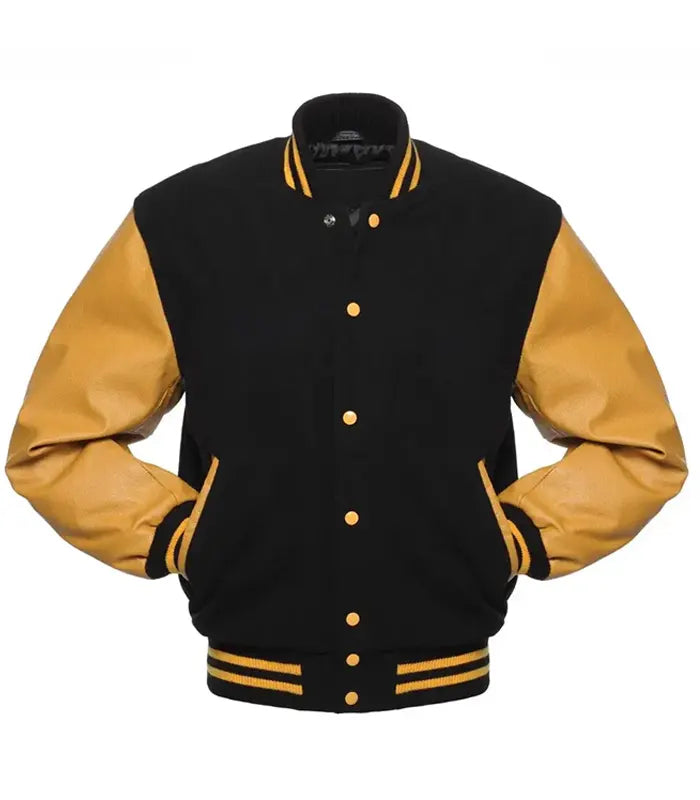 Black and gold varsity jacket with leather sleeves, button front, and striped trim