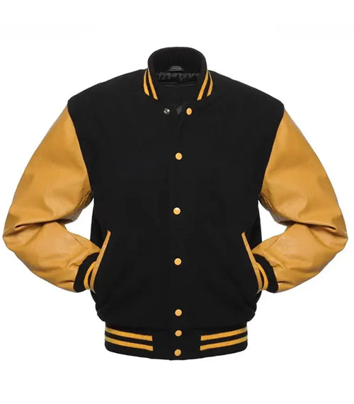 Black and gold varsity jacket with leather sleeves, button front, and striped trim