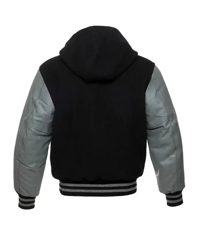 Black and grey varsity hooded jacket back view with hood detail, contrast sleeves, and classic striped waistband finish.