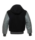 Black and grey varsity hooded jacket back view with hood detail, contrast sleeves, and classic striped waistband finish.