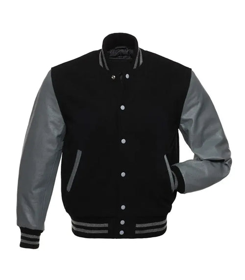 Black varsity jacket with gray leather sleeves, ribbed cuffs, and button front